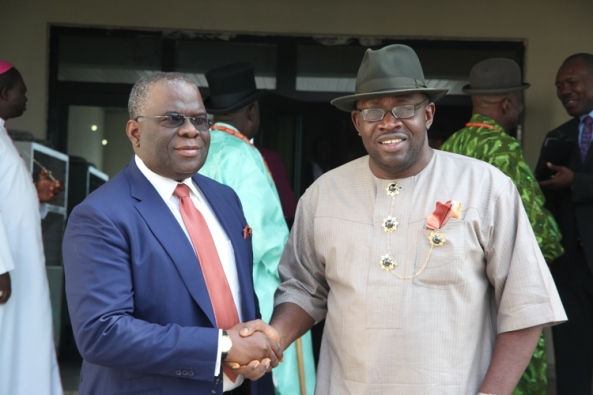 Bayelsa State Governor, Hon. Seriake Dickson (right) congratulating Gen. Andrew Owoye Azazi (left) shortly after being appointed as the Chairman of the Newly Inaugurated Flood Committee at Government House in Yenagoa.Photo by Lucky Francis, Government House, Yenagoa