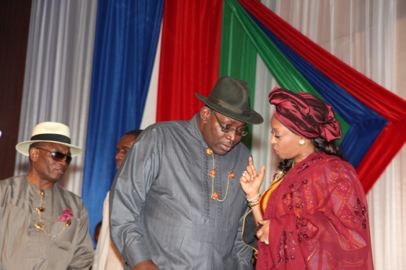 Minister of Petroleum, Mrs. Diezani Allison Madueke (right) explaining a point to the Bayelsa State Governor, Hon.Seriake Dickson (2ndright) during the inauguration ceremony of Bayelsa Development And Investment Corporation at Government House in Yenagoa, while the Deputy Governor, Rear Admiral Gboribiogha John Jonah (left) looks on.